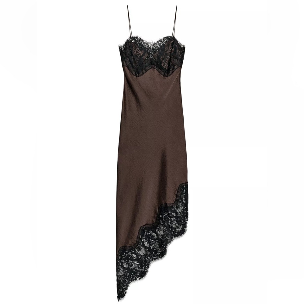Zara Brown Slip Dress with Black Lace Trim